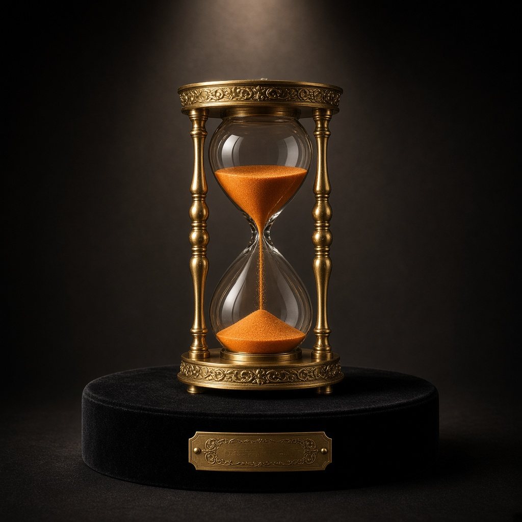 Concept render of an ornate brass hourglass with orange sand